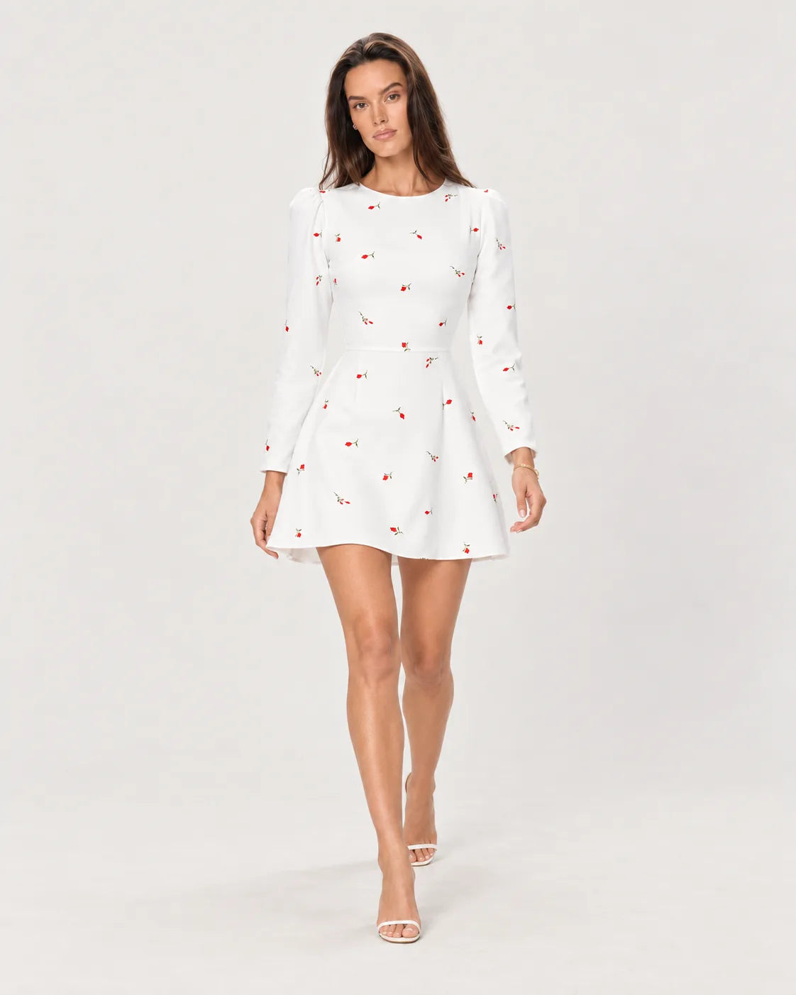 Long sleeve silhouette mini dress — Red Print — walking