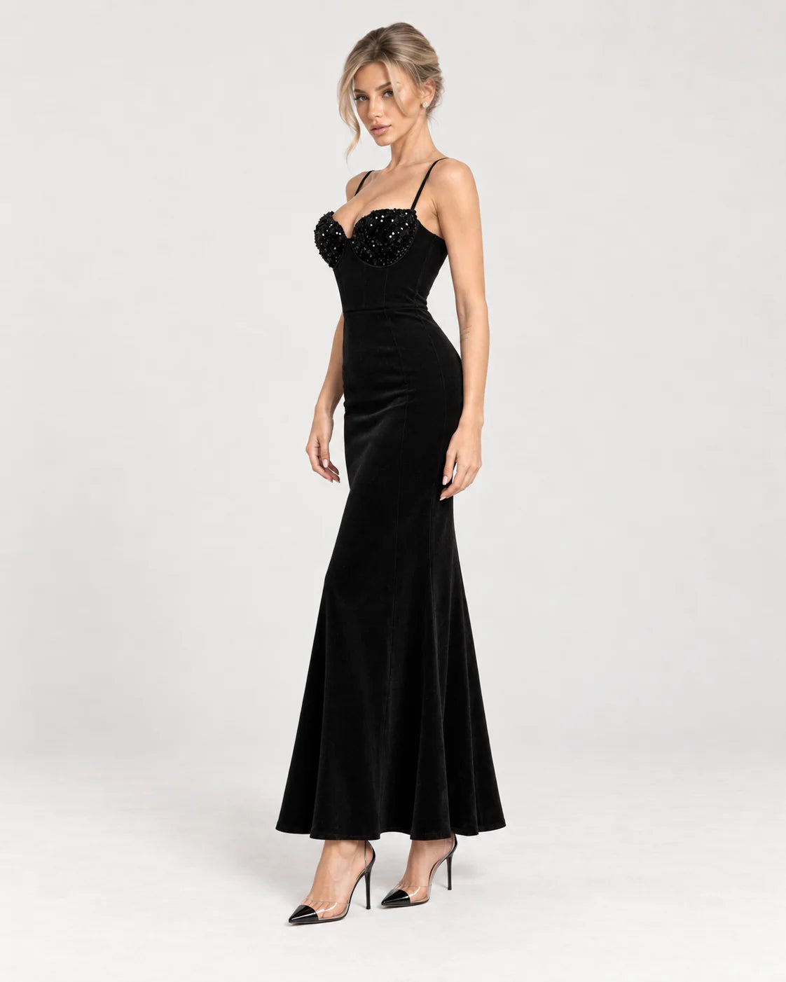 Maxi dress with bodice velvet sequins black — side view