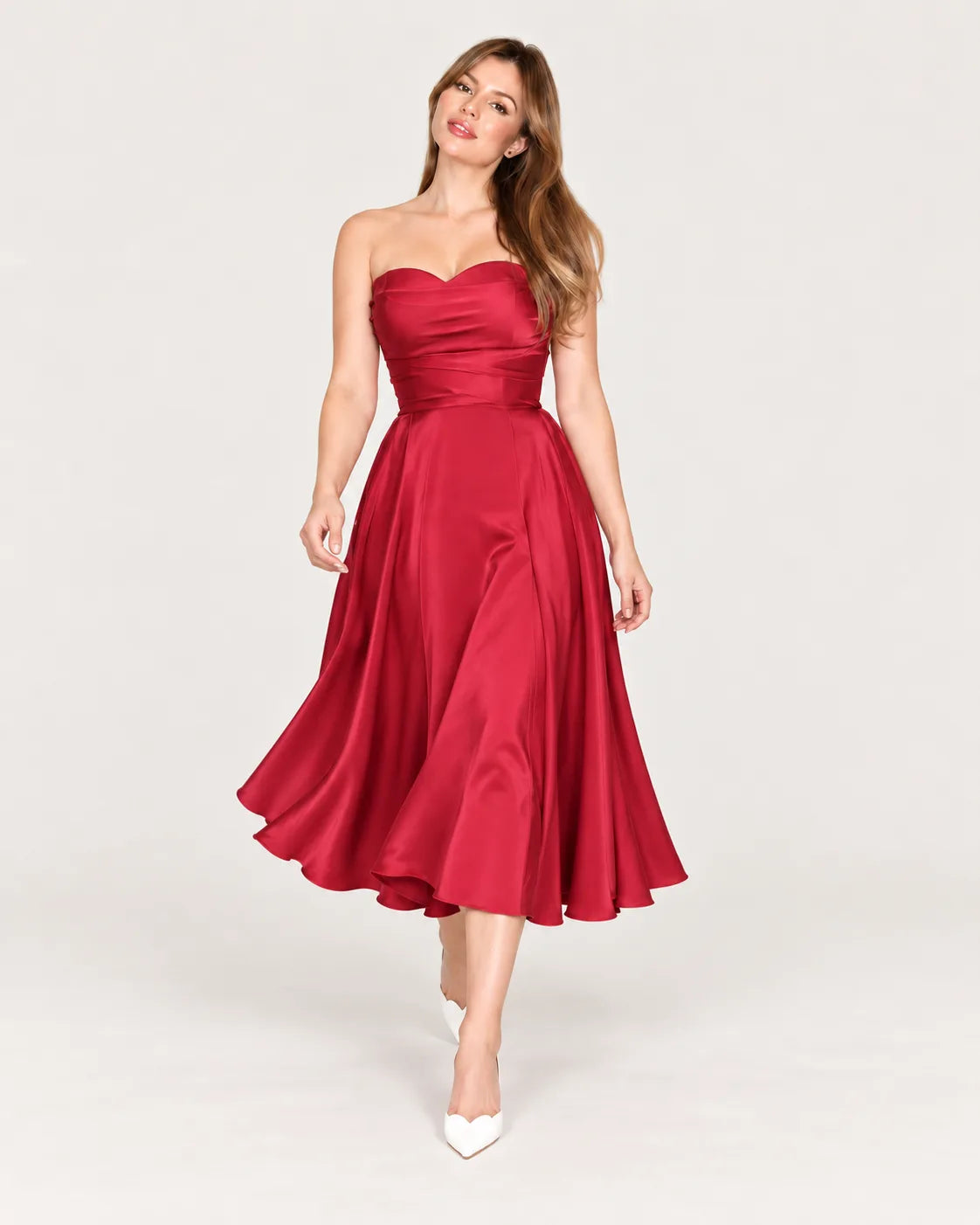 Midi bustier dress with draped bodice — walking