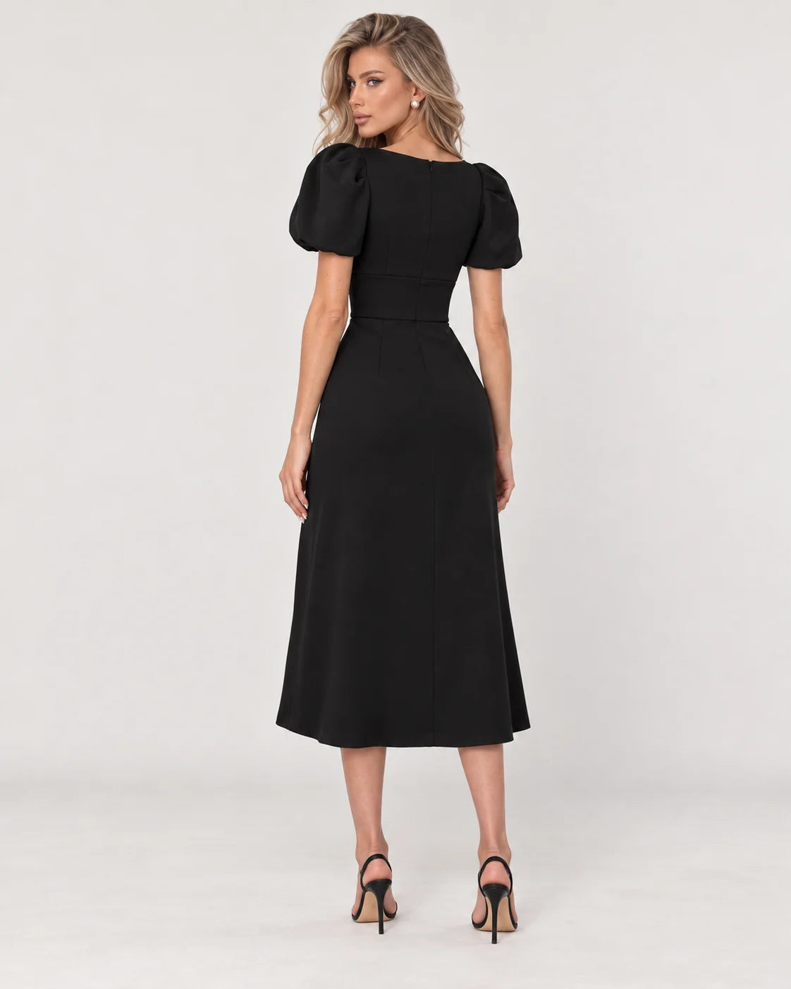 Black Midi Dress with Square Neck and Puff Sleeves — back view