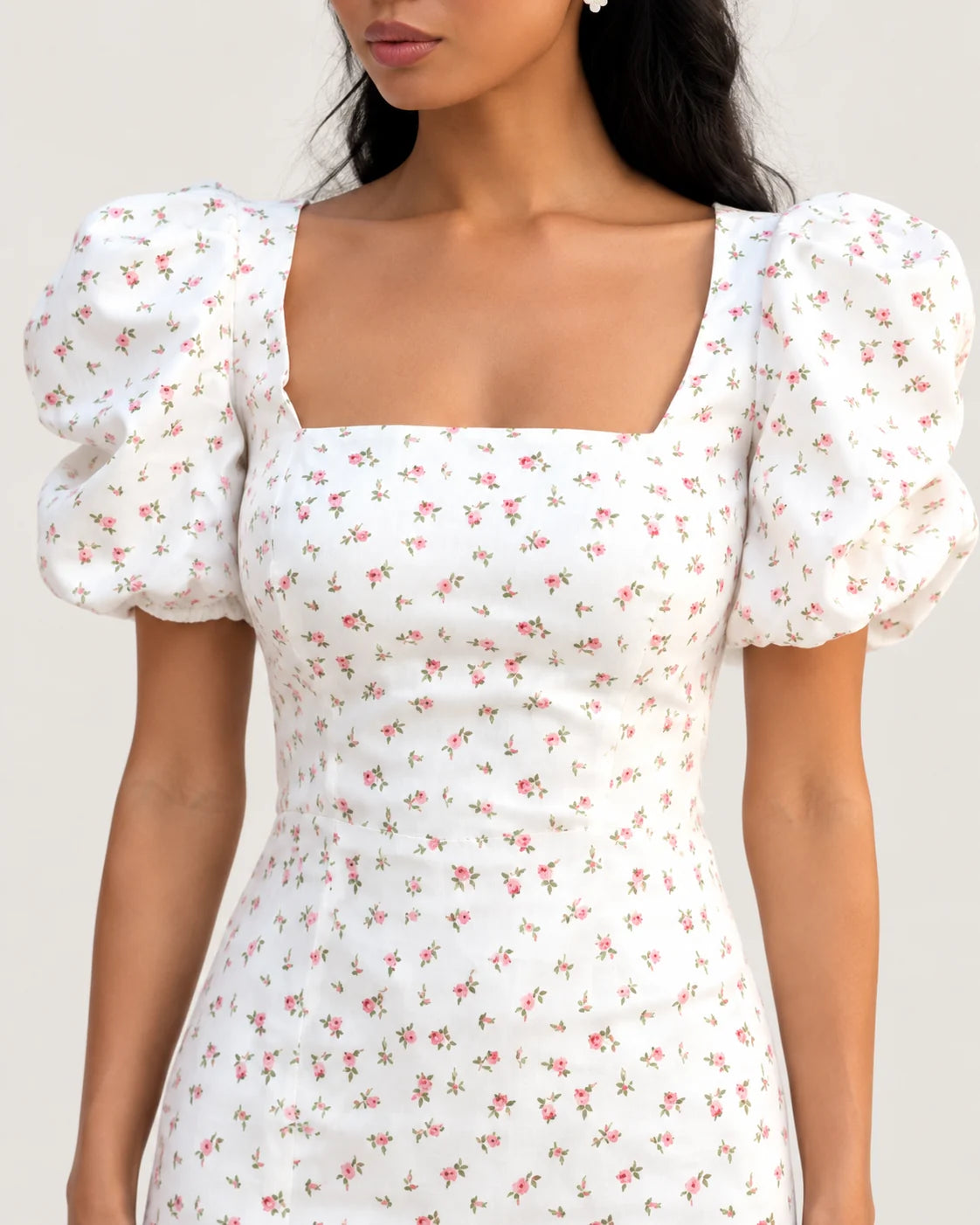 Midi dress with square neckline — fabric and detail close-up