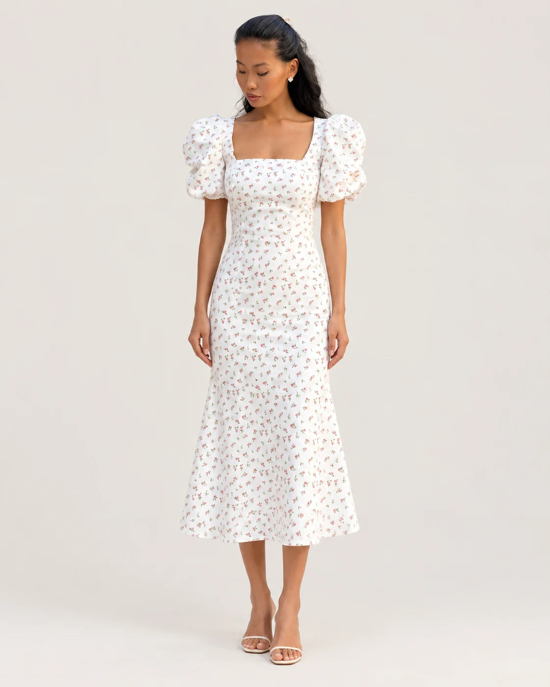 Midi dress with square neckline — front view
