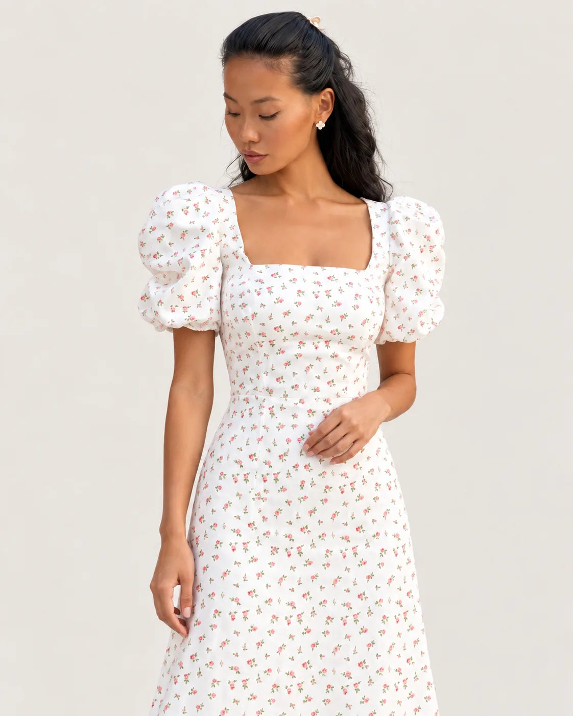 Midi dress with square neckline — upper body view