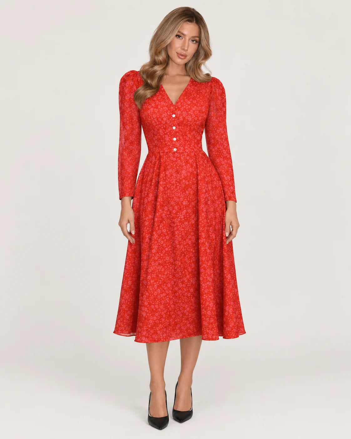 Midi dress with V neckline and pleated skirt — front view