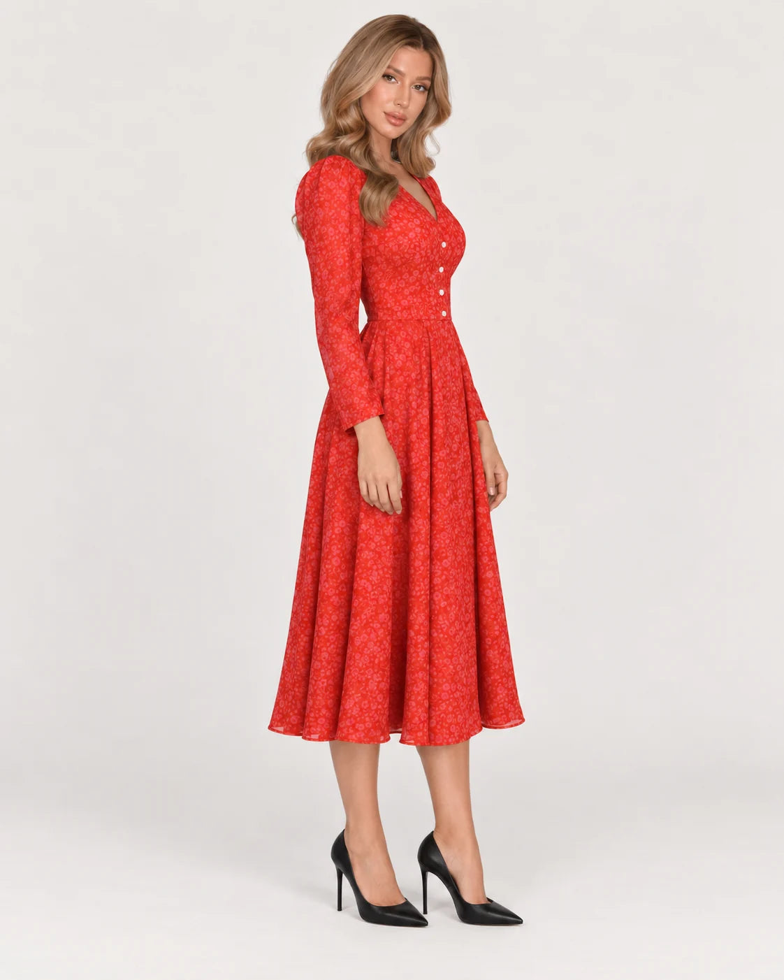 Midi dress with V neckline and pleated skirt — side view