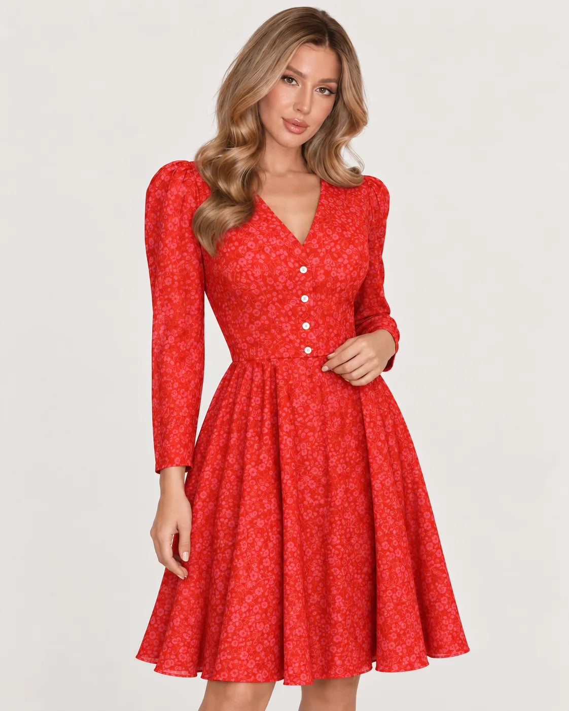 Midi dress with V neckline and pleated skirt — upper body view