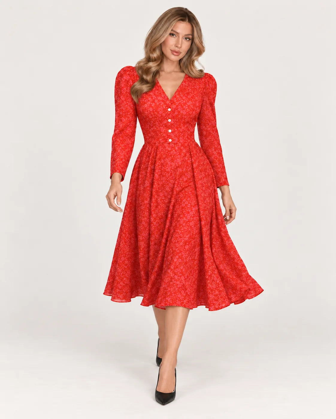 Midi dress with V neckline and pleated skirt — walking