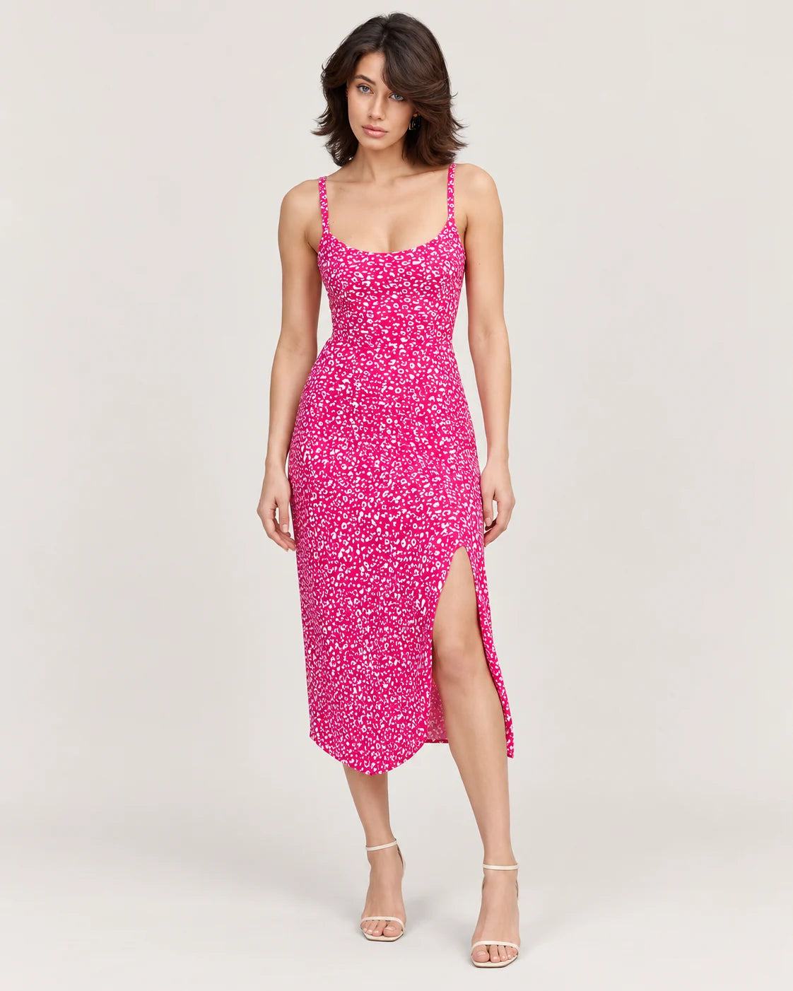 Pink print strap dress — front view