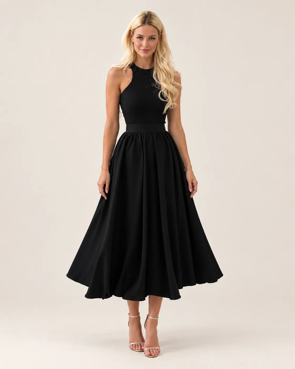 Puffy midi skirt in black — front view