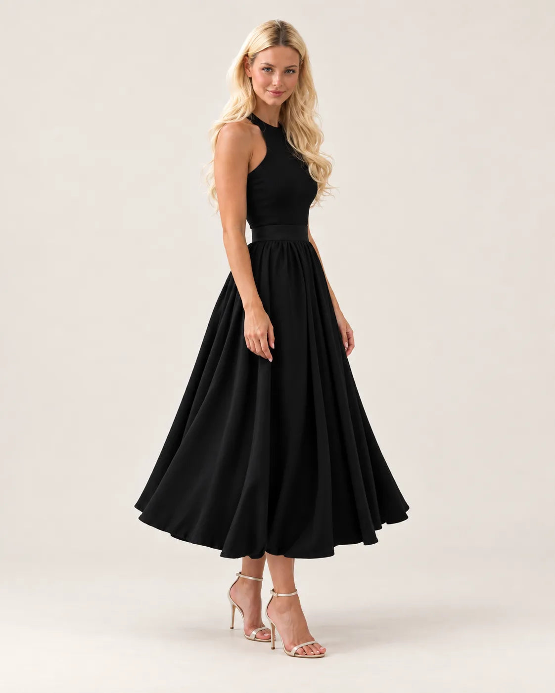 Puffy midi skirt in black — side view