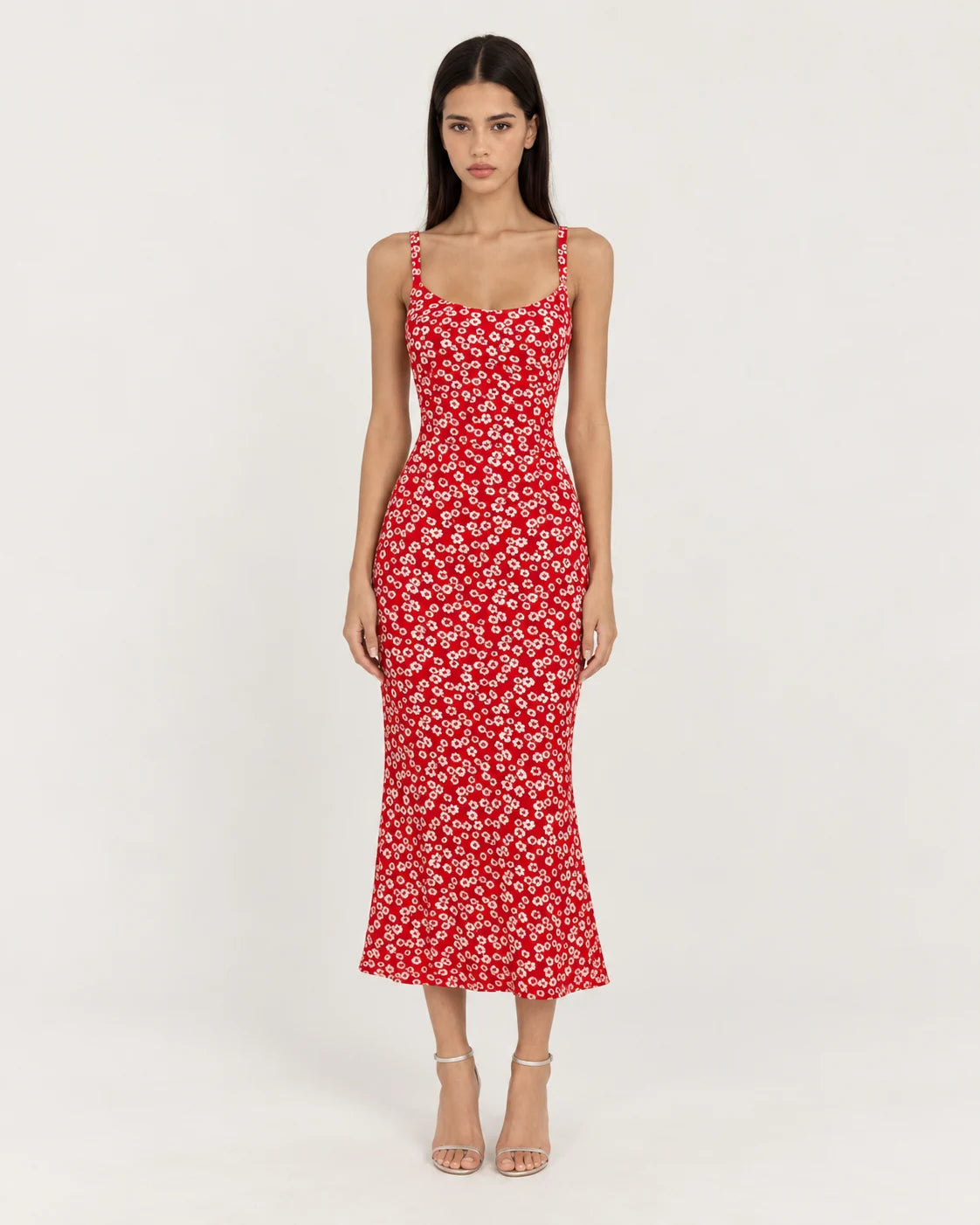 Red floral strappy dress — front view