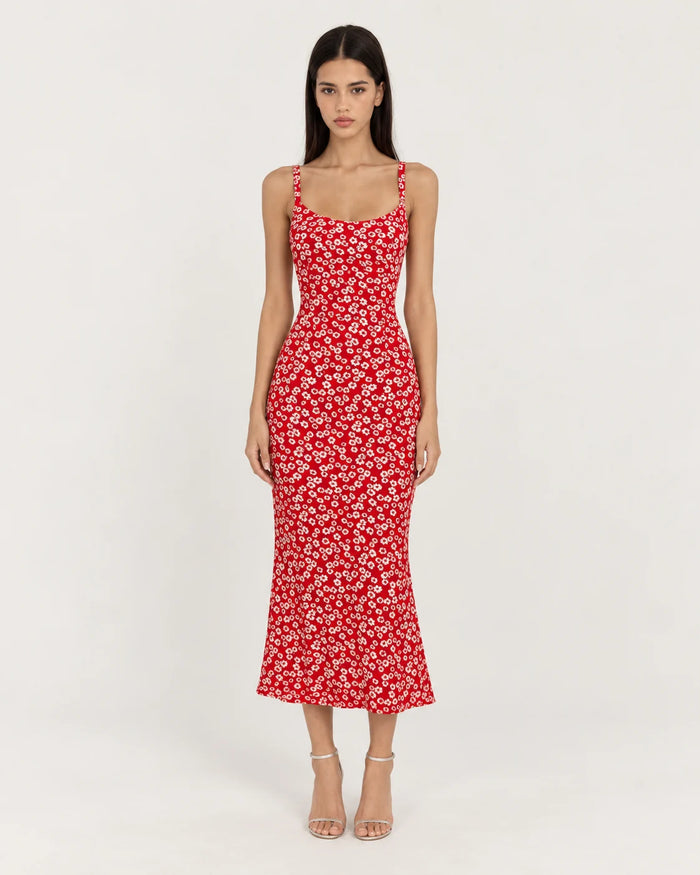 Red floral strappy dress — front view