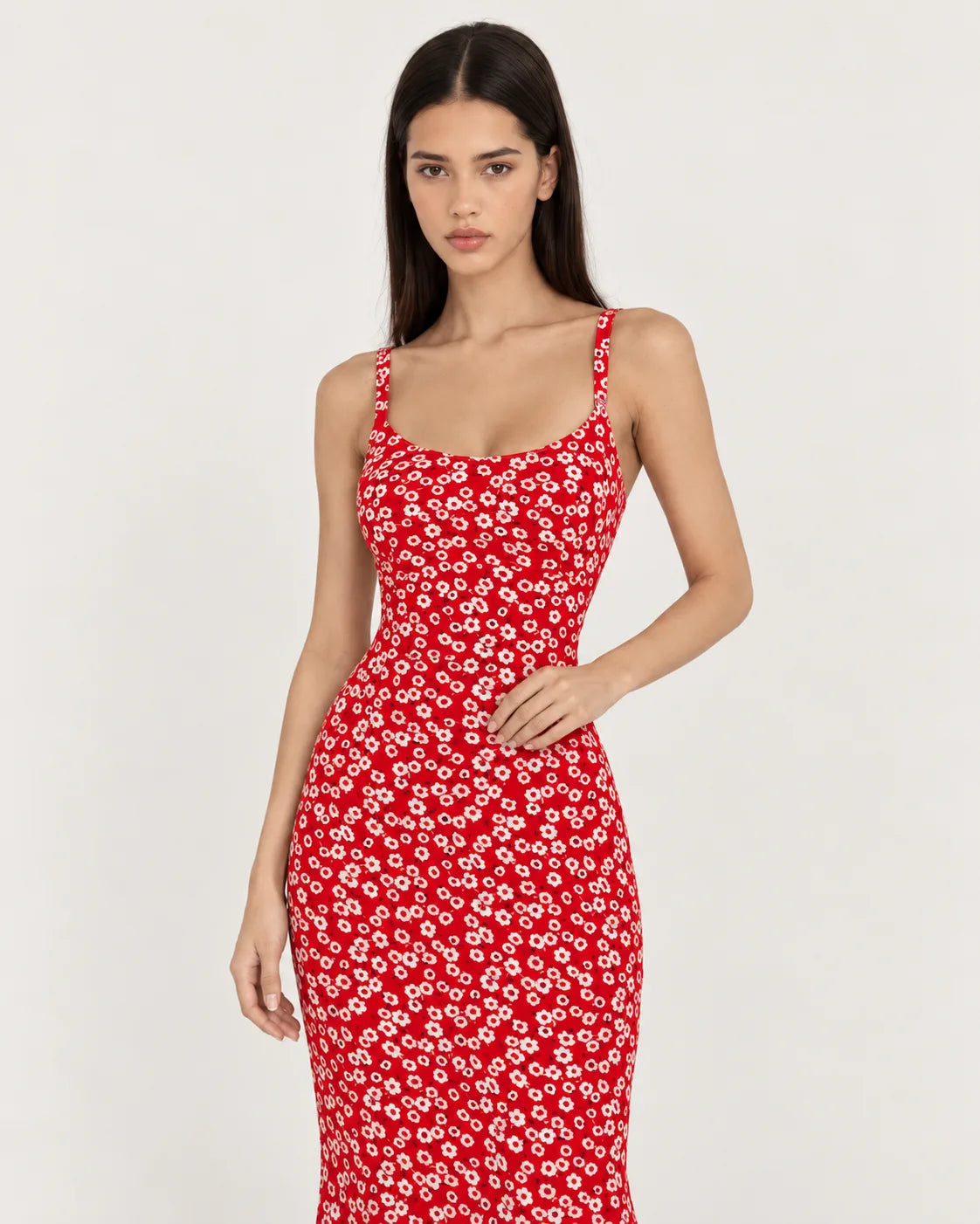 Red floral strappy dress — upper body view