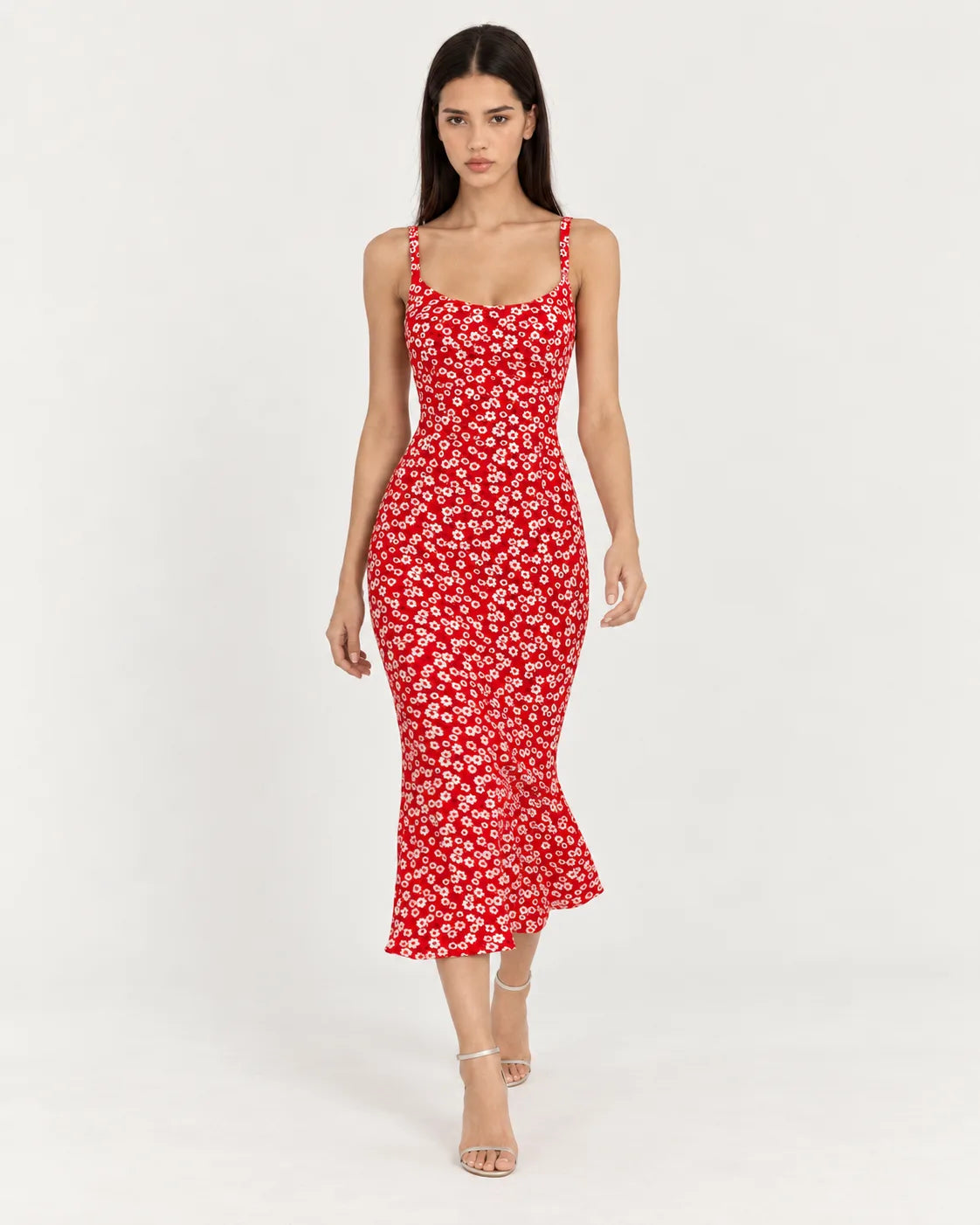 Red floral strappy dress — walking