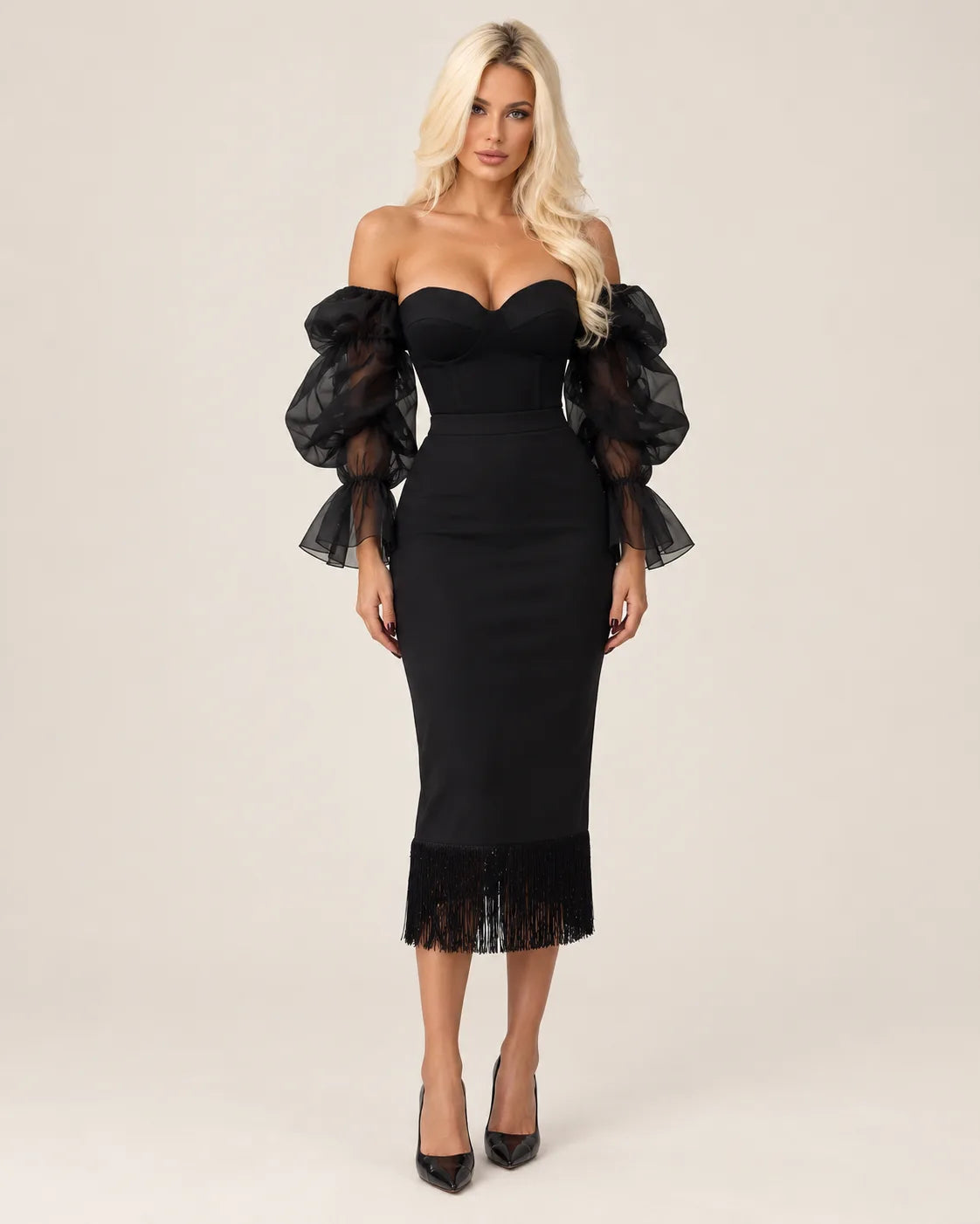 Straight midi skirt with fringes — front view