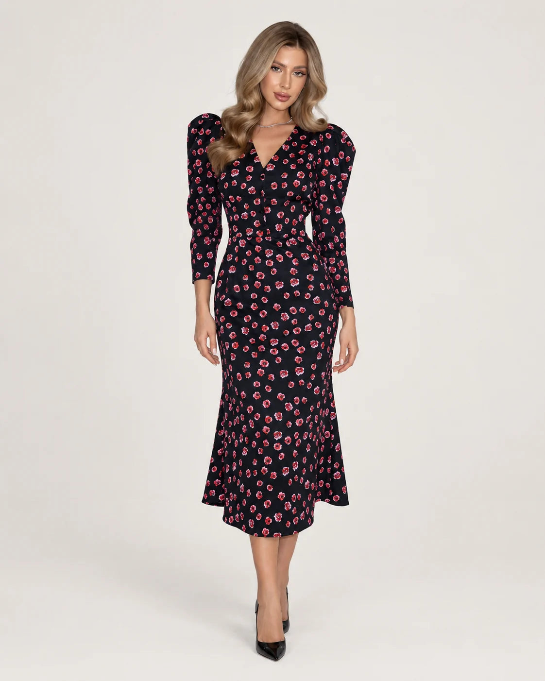 V-neck midi dress with godet skirt — Dark Floral — front view