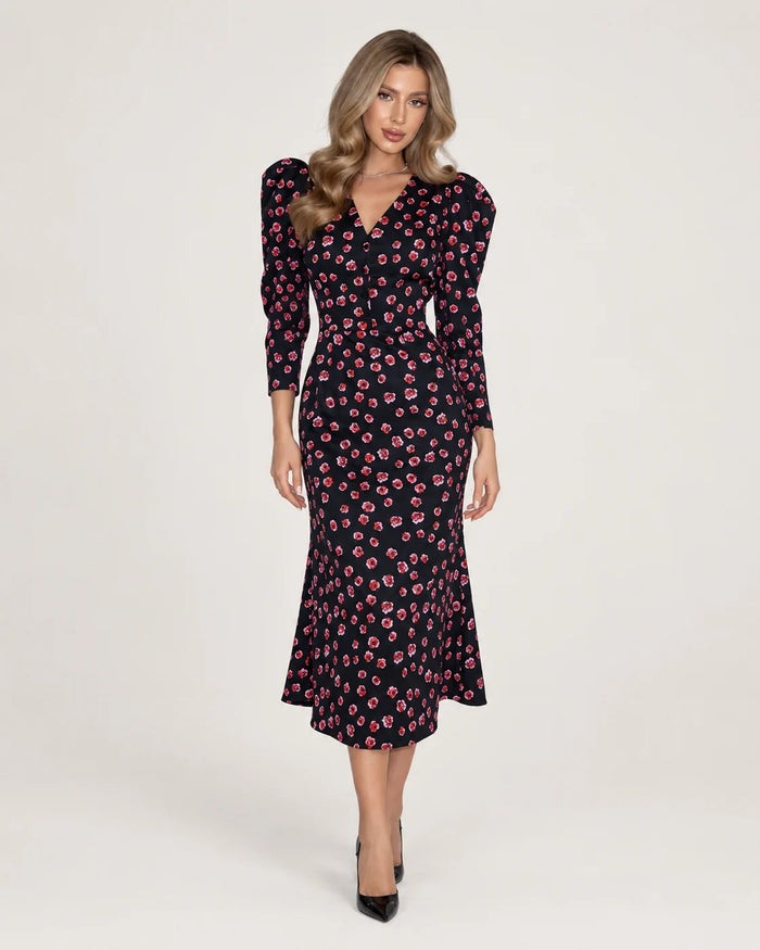 V-neck midi dress with godet skirt — Dark Floral — front view