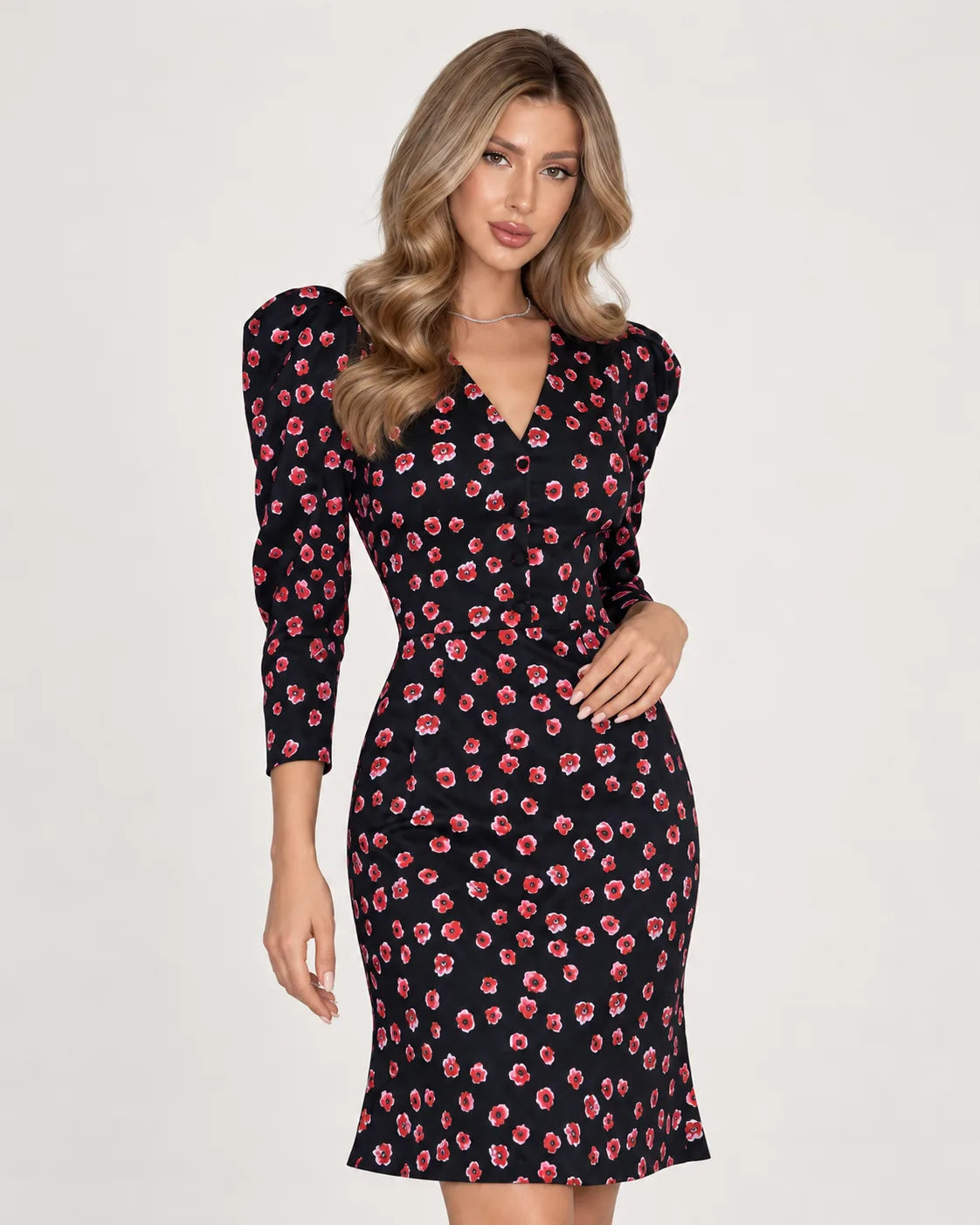 V-neck midi dress with godet skirt — Dark Floral — upper body view