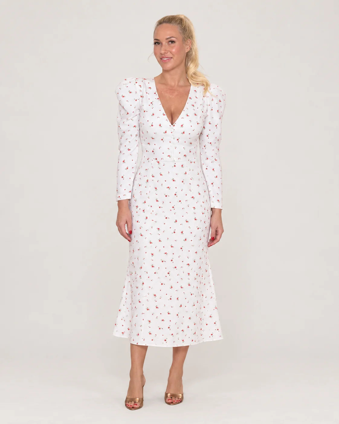 V-neck midi dress with godet skirt — Light — front view