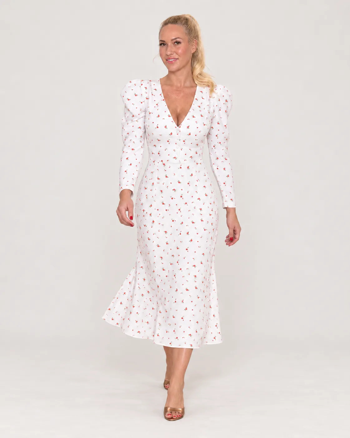 V-neck midi dress with godet skirt — Light — walking
