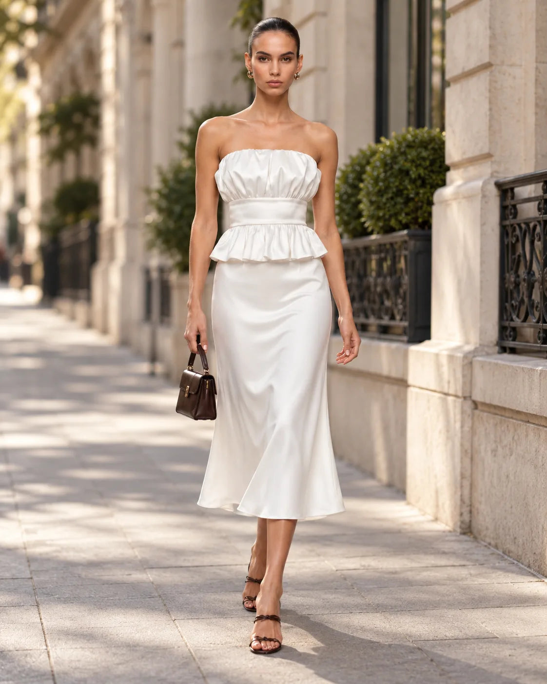 White satin skirt — worn on the street