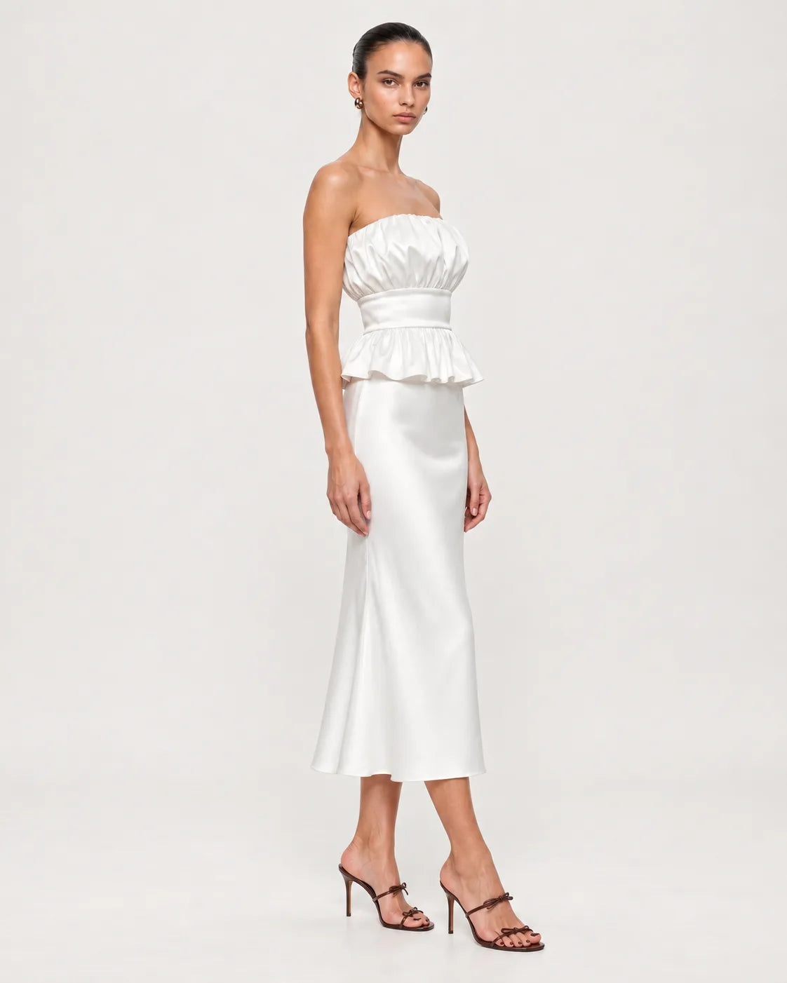 White satin skirt — side view
