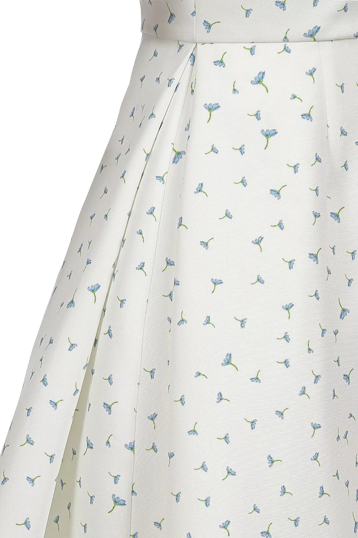 White floral mini dress — fabric and pleat detail