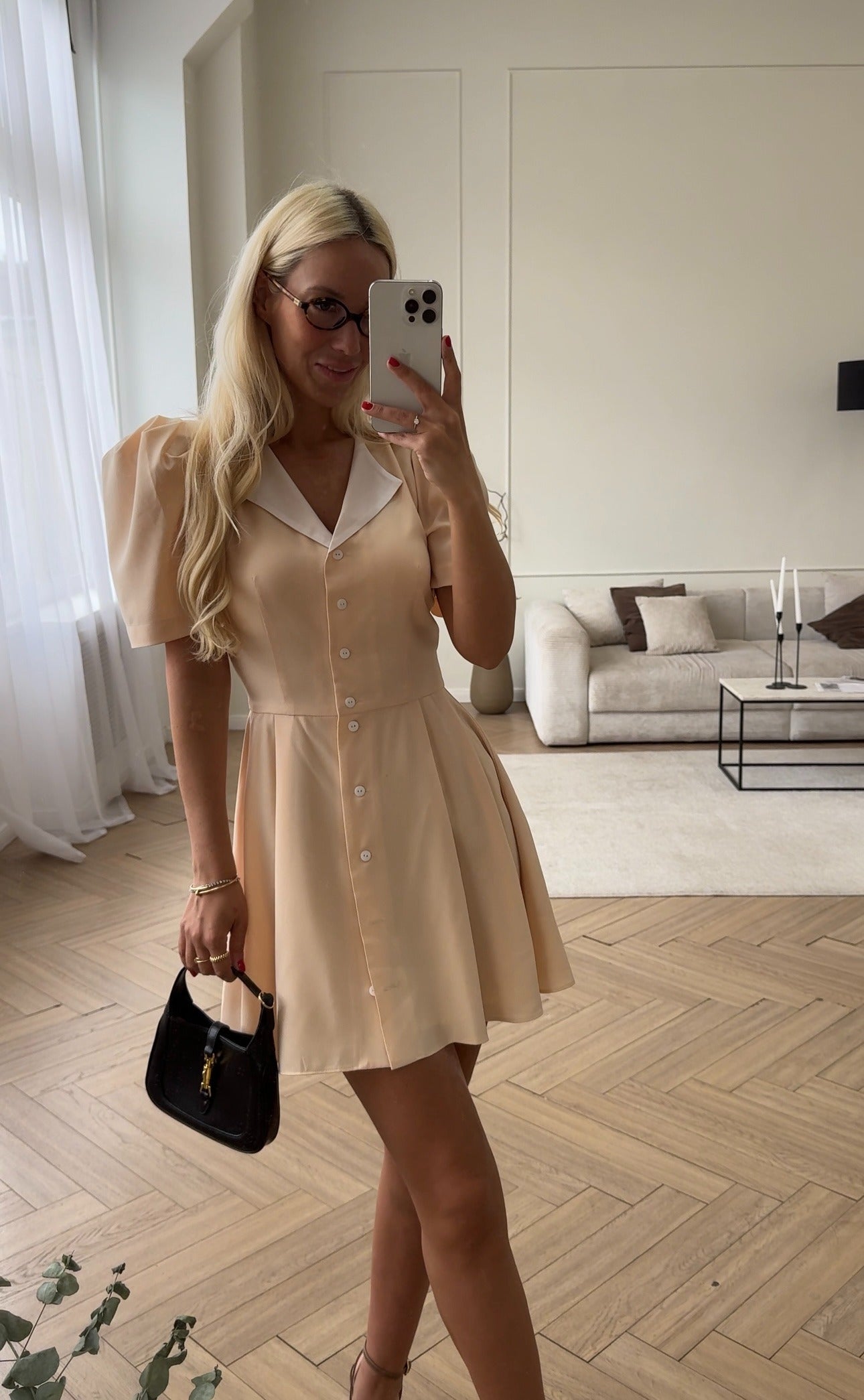 Button-down mini dress with short sleeves
