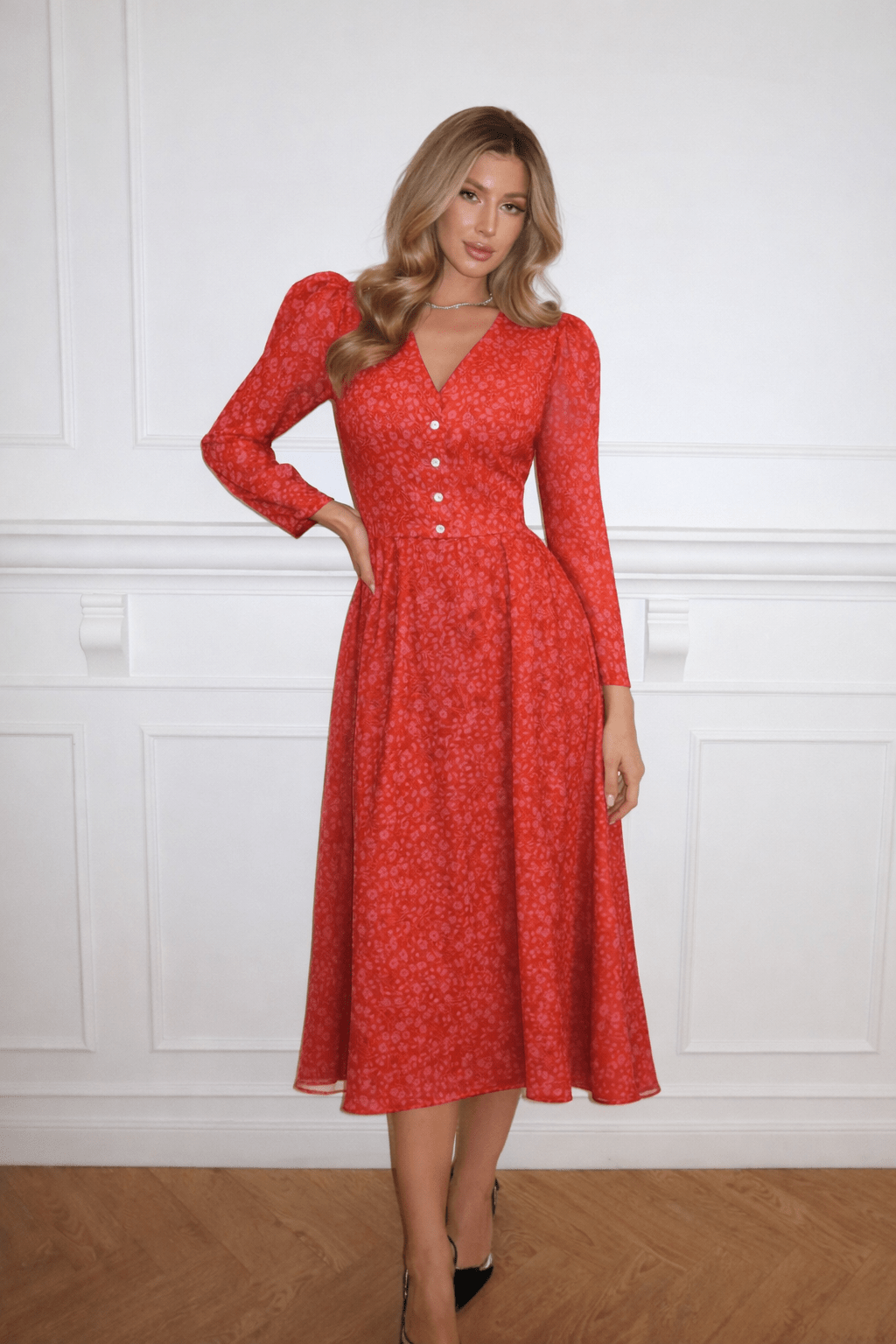 Midi dress with V neckline and pleated skirt - Clipse Brand