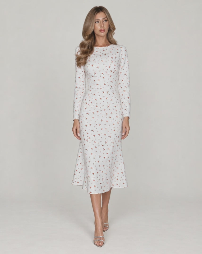 Long Sleeve Silhouette Midi Dress — White Floral — video