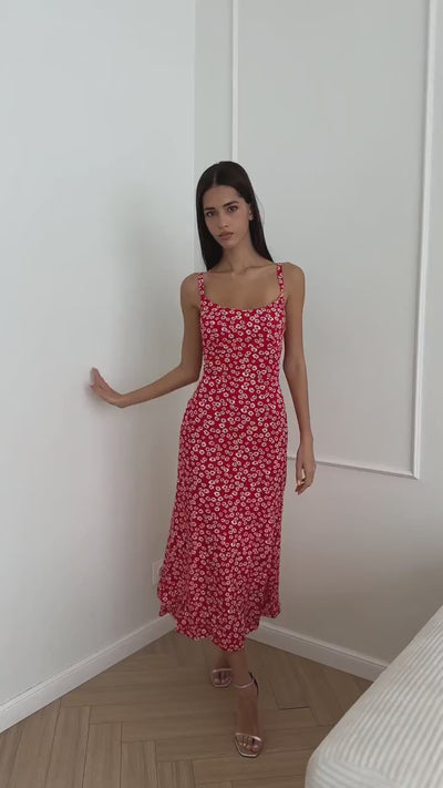 Red floral strappy dress — video