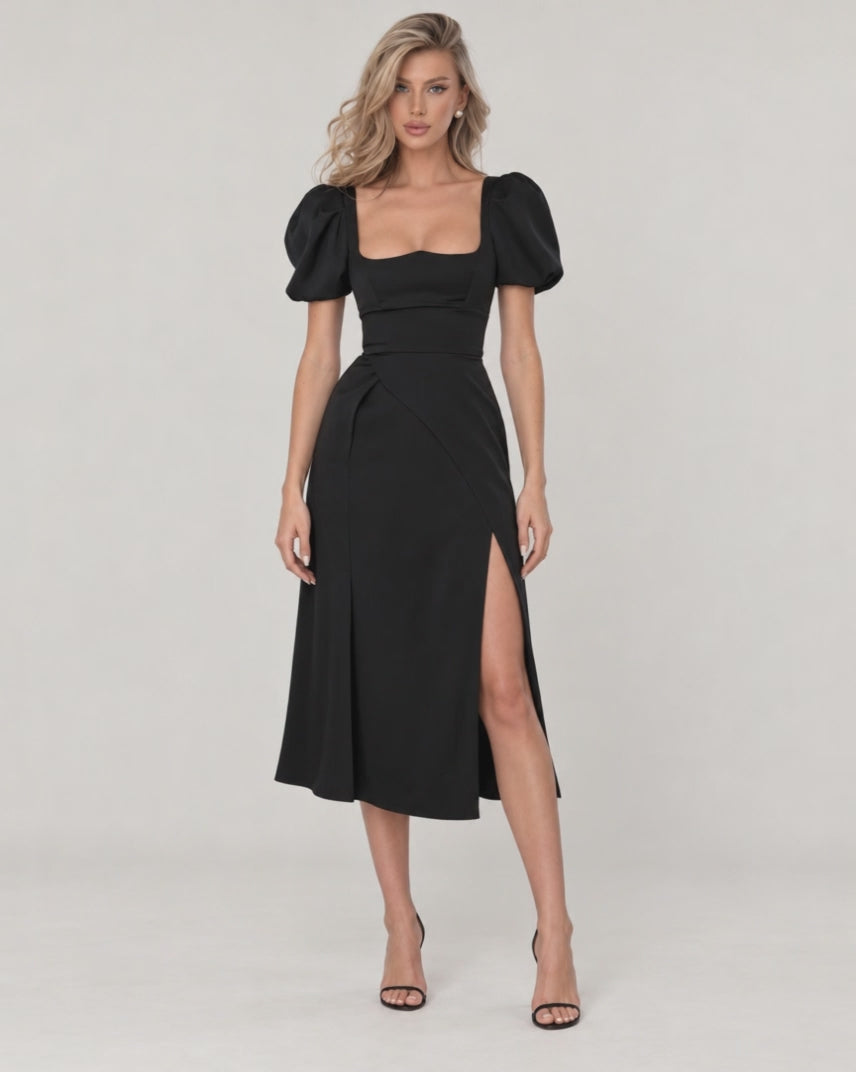 Black Midi Dress with Square Neck and Puff Sleeves — video