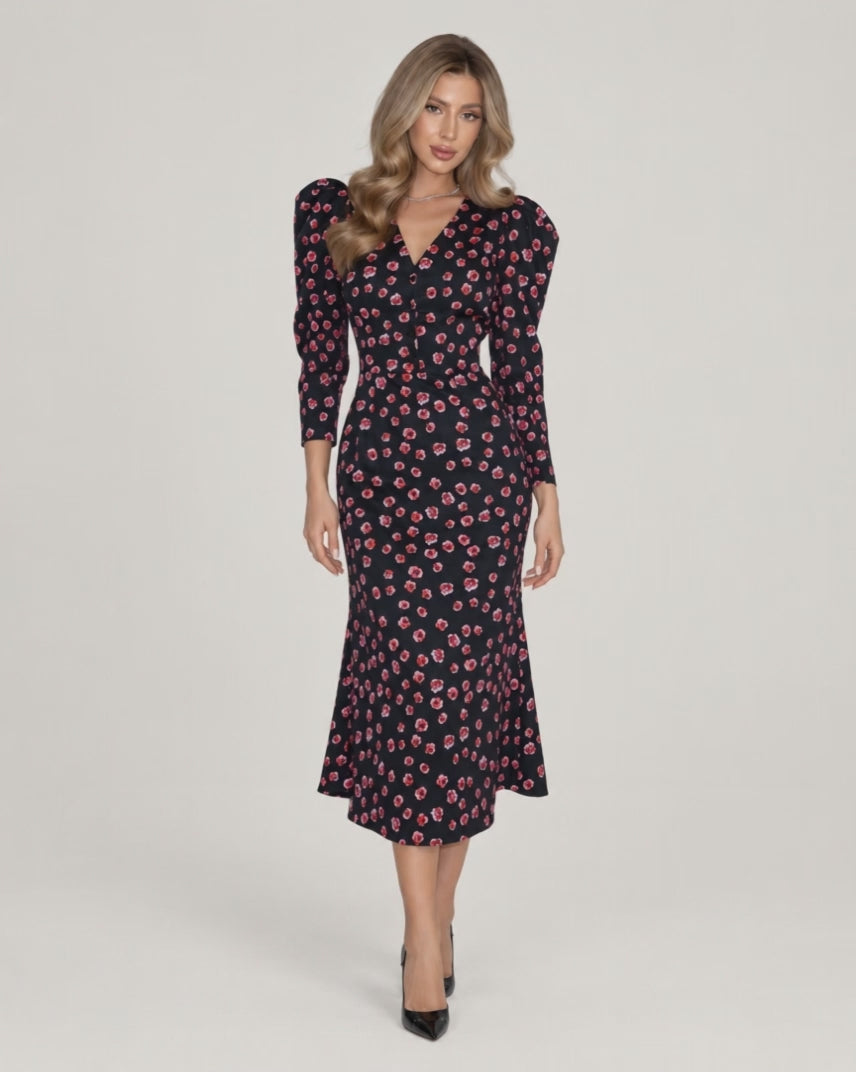 V-neck midi dress with godet skirt — Dark Floral — video