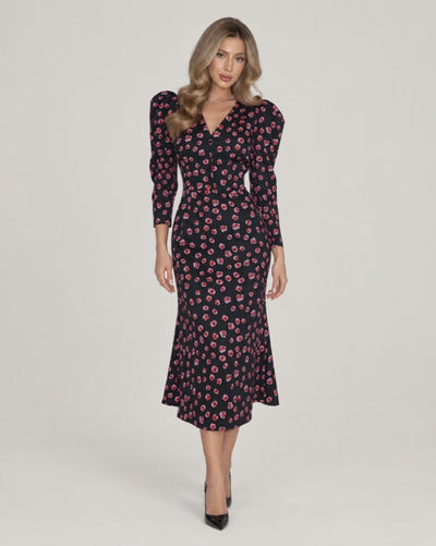 V-neck midi dress with godet skirt — Dark Floral — video