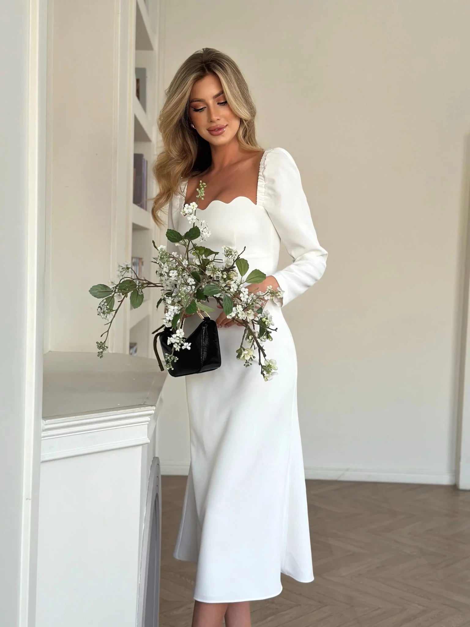 The midi dress with a branded bodice is snow - white - Clipse Brand